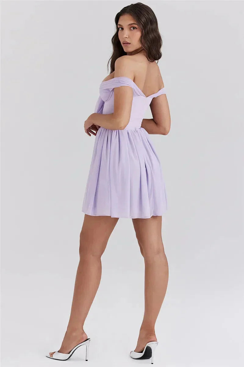 Off-Shoulder Tie-Front Ruched Bustier A-Line Mini Dress