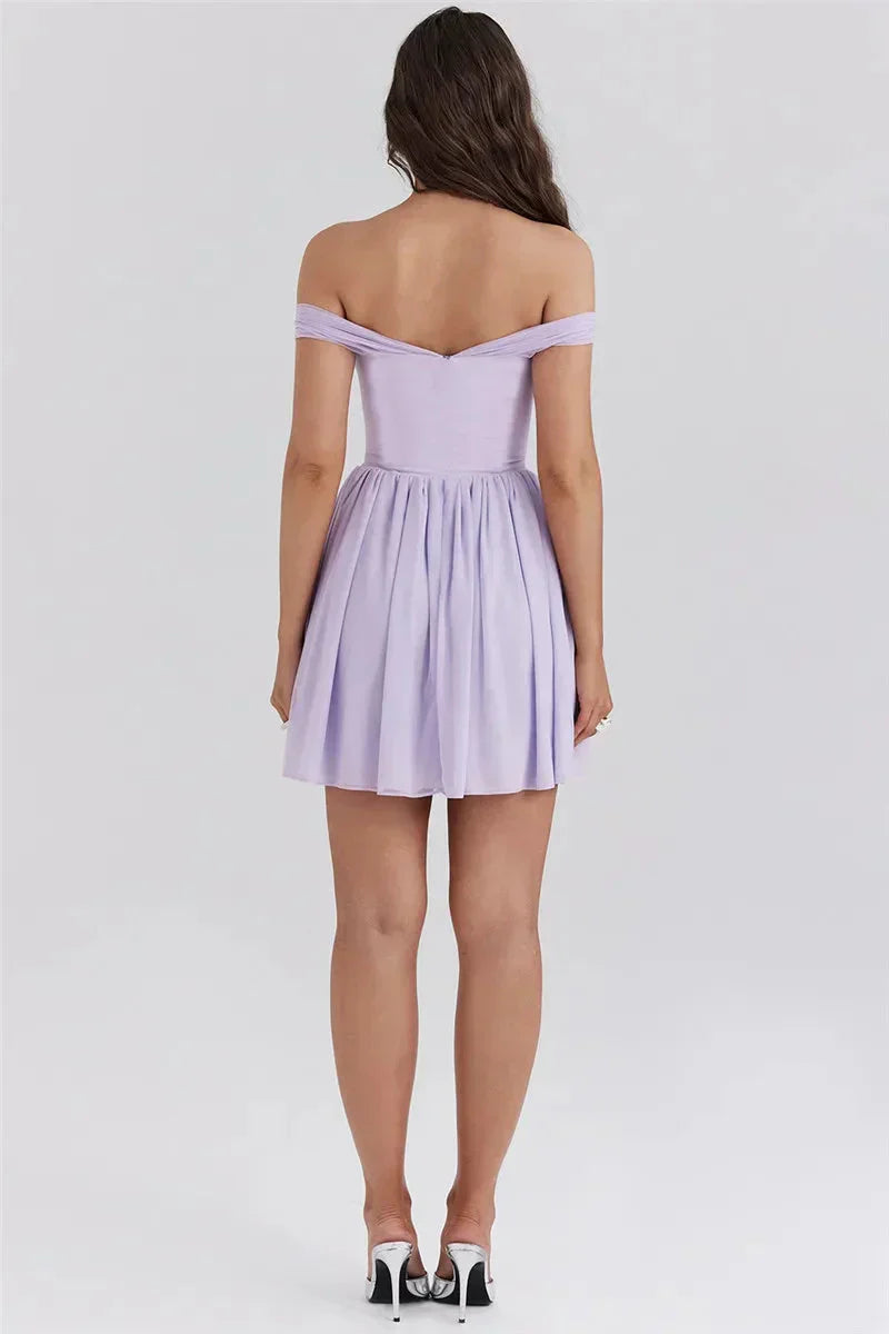 Off-Shoulder Tie-Front Ruched Bustier A-Line Mini Dress