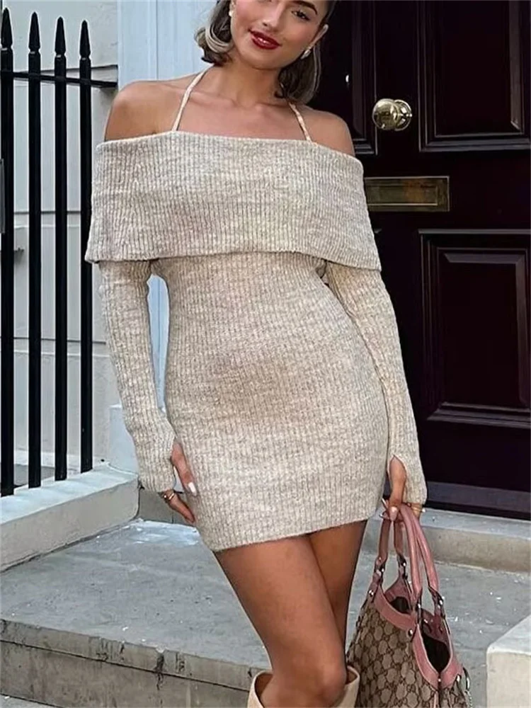Ootddress Knit Sweater Lace-Up Mini Dress For Women Ribbed Long Sleeve Loose  Backless Fashion Slim Dress Women's Knitwear Mini Dress