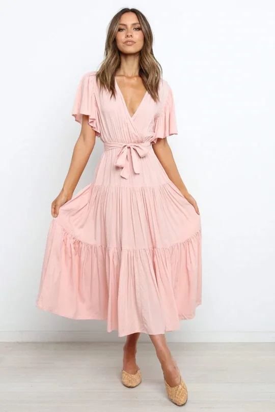 Trendy Solid Color Ruffles Long Dresses Women Sexy V-neck Ruffle Sleeves Leace-up Temperament Elegant Lady Dress 2025 Summer New 48 undefined