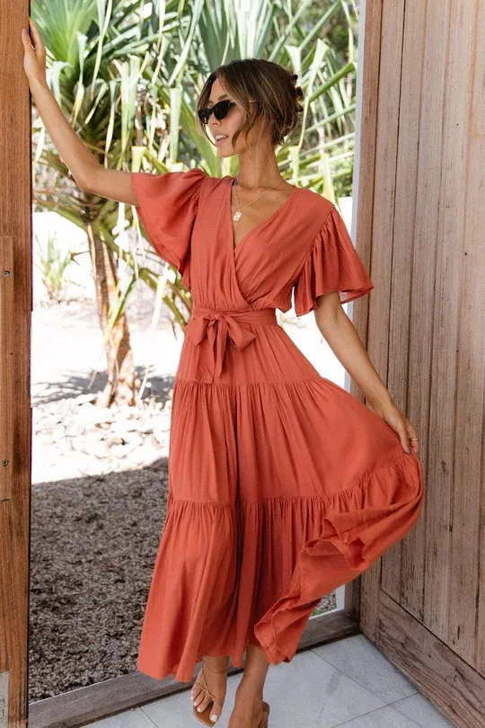 Trendy Solid Color Ruffles Long Dresses Women Sexy V-neck Ruffle Sleeves Leace-up Temperament Elegant Lady Dress 2025 Summer New 13 undefined