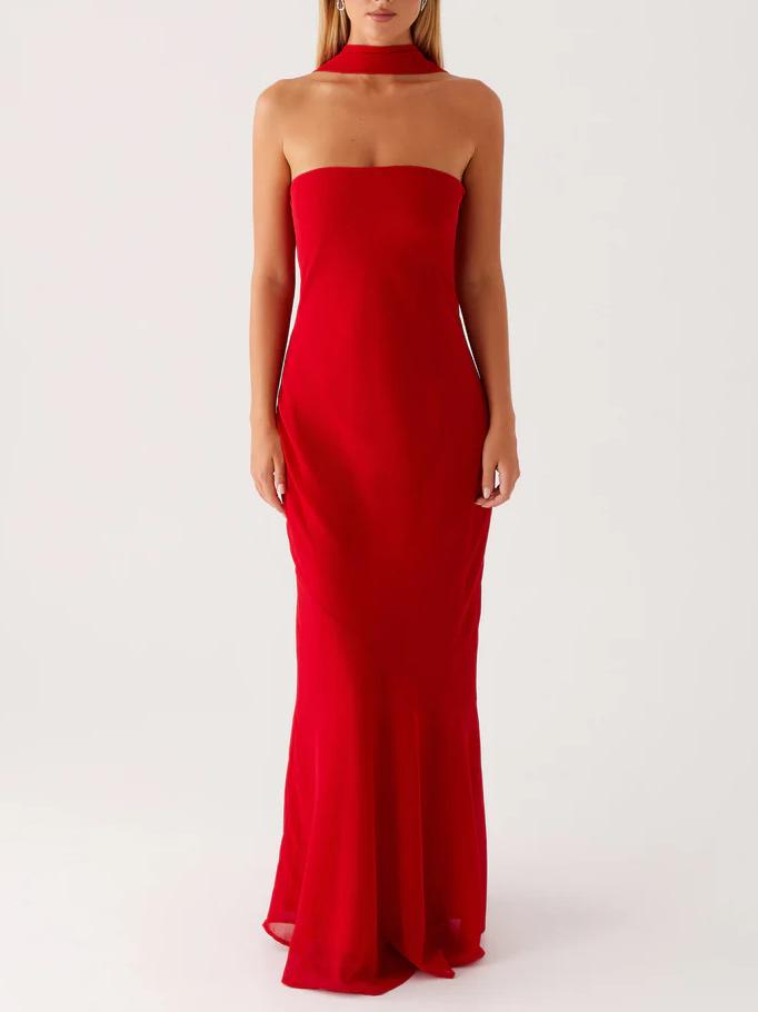 Satin Strapless Choker Neck Mermaid Maxi Gown