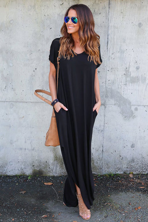 V-Neck Short Sleeve Pocket Side Slit Knotted Hem T-Shirt Maxi Dress