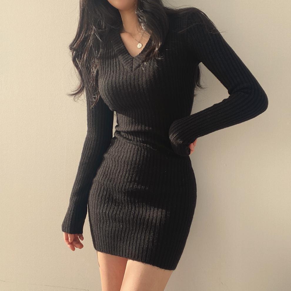 Ribbed Knit Deep V-Neck Long Sleeve Bodycon Mini Dress