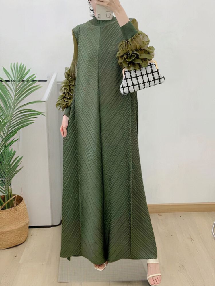 Plisse Mock Neck Petal Ruffle Sleeve Chevron Pleat Maxi Dress