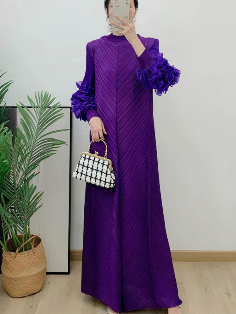 Plisse Mock Neck Petal Ruffle Sleeve Chevron Pleat Maxi Dress