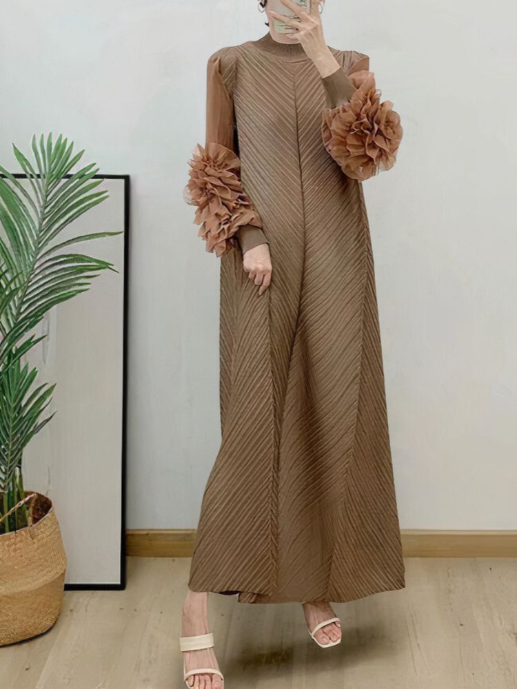 Plisse Mock Neck Petal Ruffle Sleeve Chevron Pleat Maxi Dress