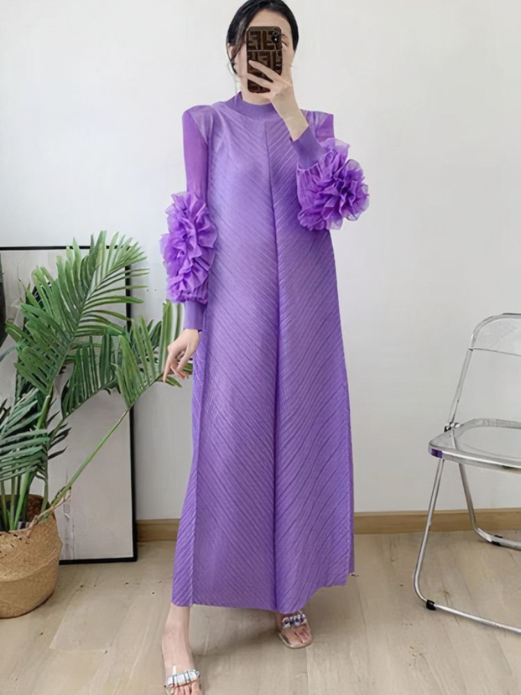 Plisse Mock Neck Petal Ruffle Sleeve Chevron Pleat Maxi Dress