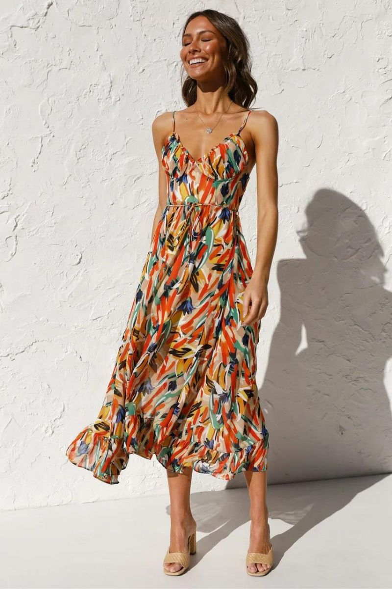 Abstract Brushstroke Print Spaghetti Strap Ruffle Hem Midi Dress