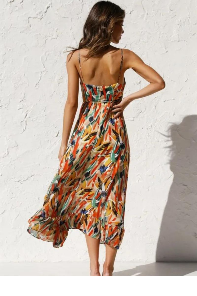 Abstract Brushstroke Print Spaghetti Strap Ruffle Hem Midi Dress