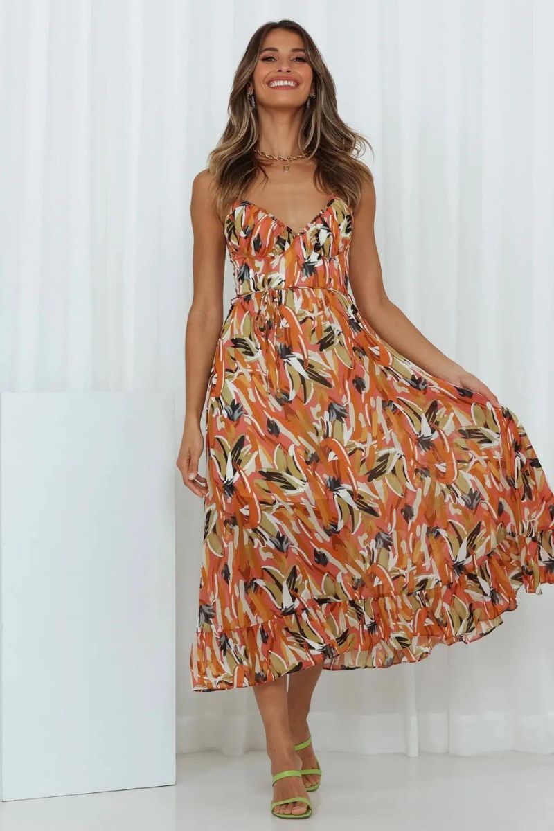 Abstract Brushstroke Print Spaghetti Strap Ruffle Hem Midi Dress