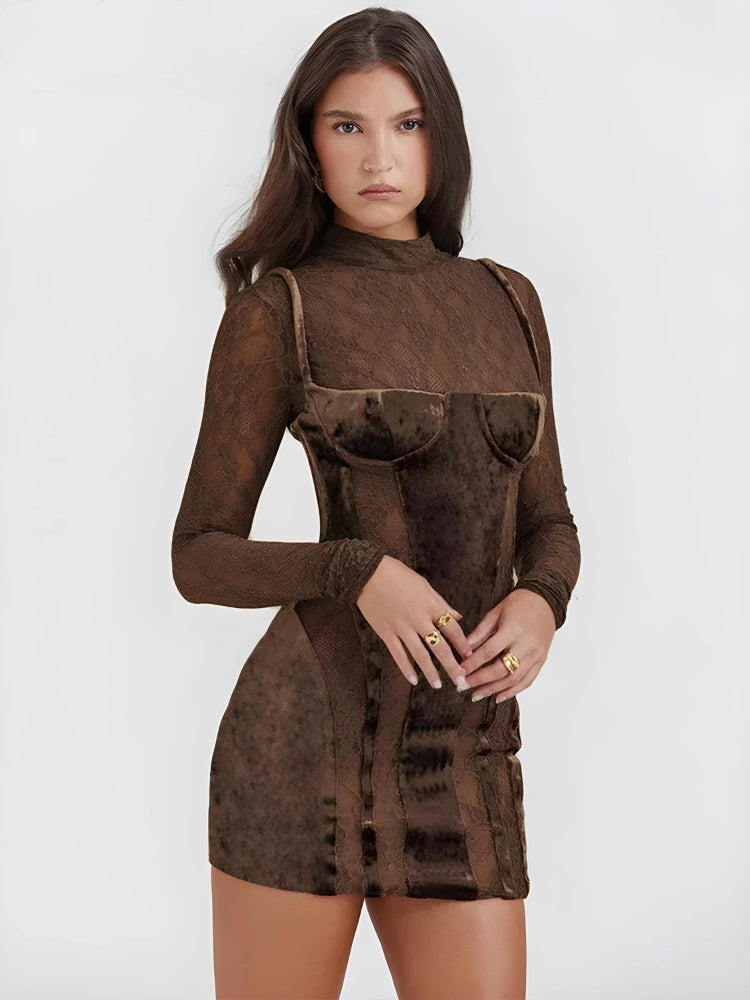 Mock Neck Lace Velvet Paneled Corset Bodycon Mini Dress