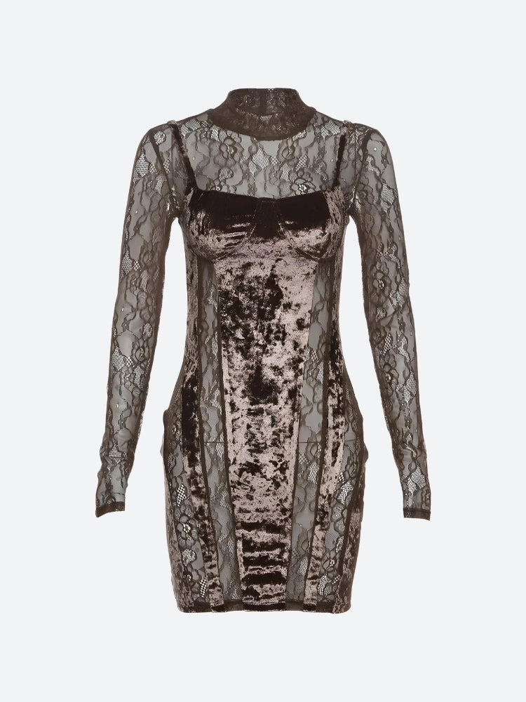 Mock Neck Lace Velvet Paneled Corset Bodycon Mini Dress