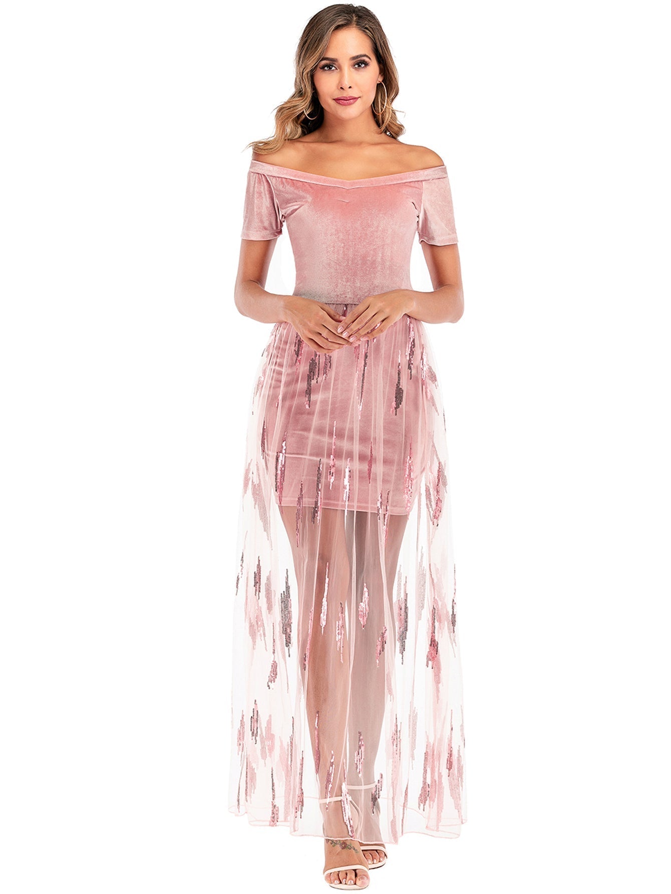 Off-Shoulder Velvet Mini Underlay Sequin Striped Tulle Overlay Maxi Dress