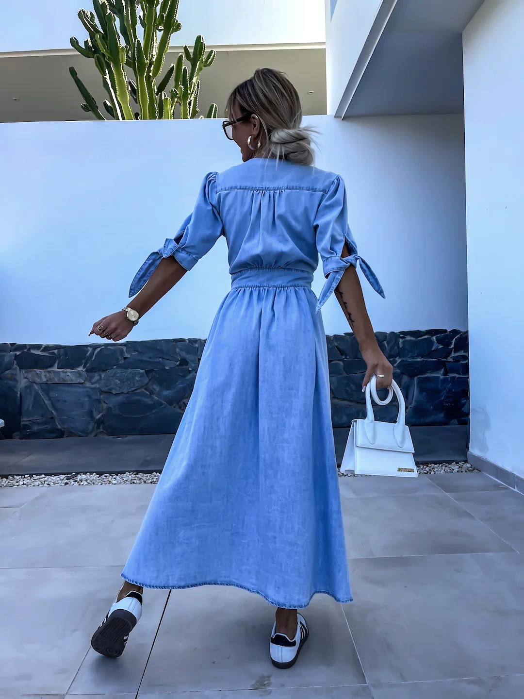 Denim V-Neck Short Sleeve Tie Cuff Button Front Slit Maxi Dress