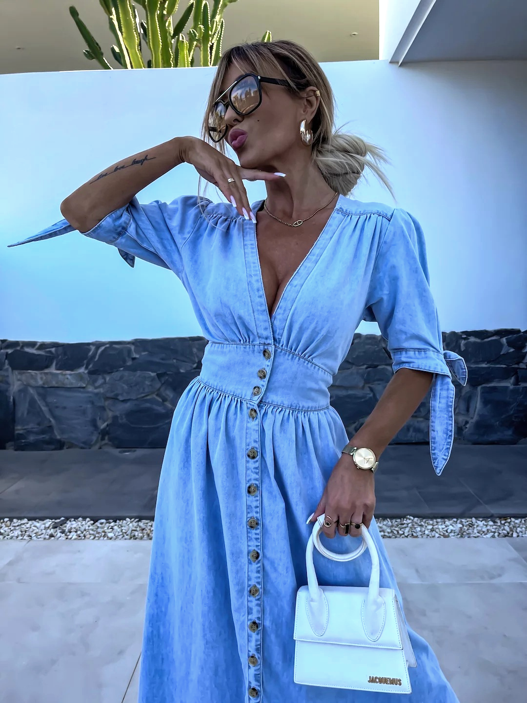 Denim V-Neck Short Sleeve Tie Cuff Button Front Slit Maxi Dress