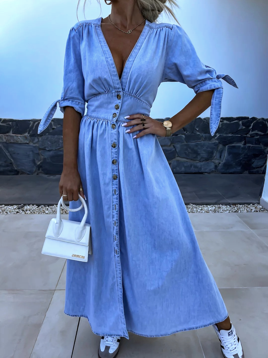 Denim V-Neck Short Sleeve Tie Cuff Button Front Slit Maxi Dress