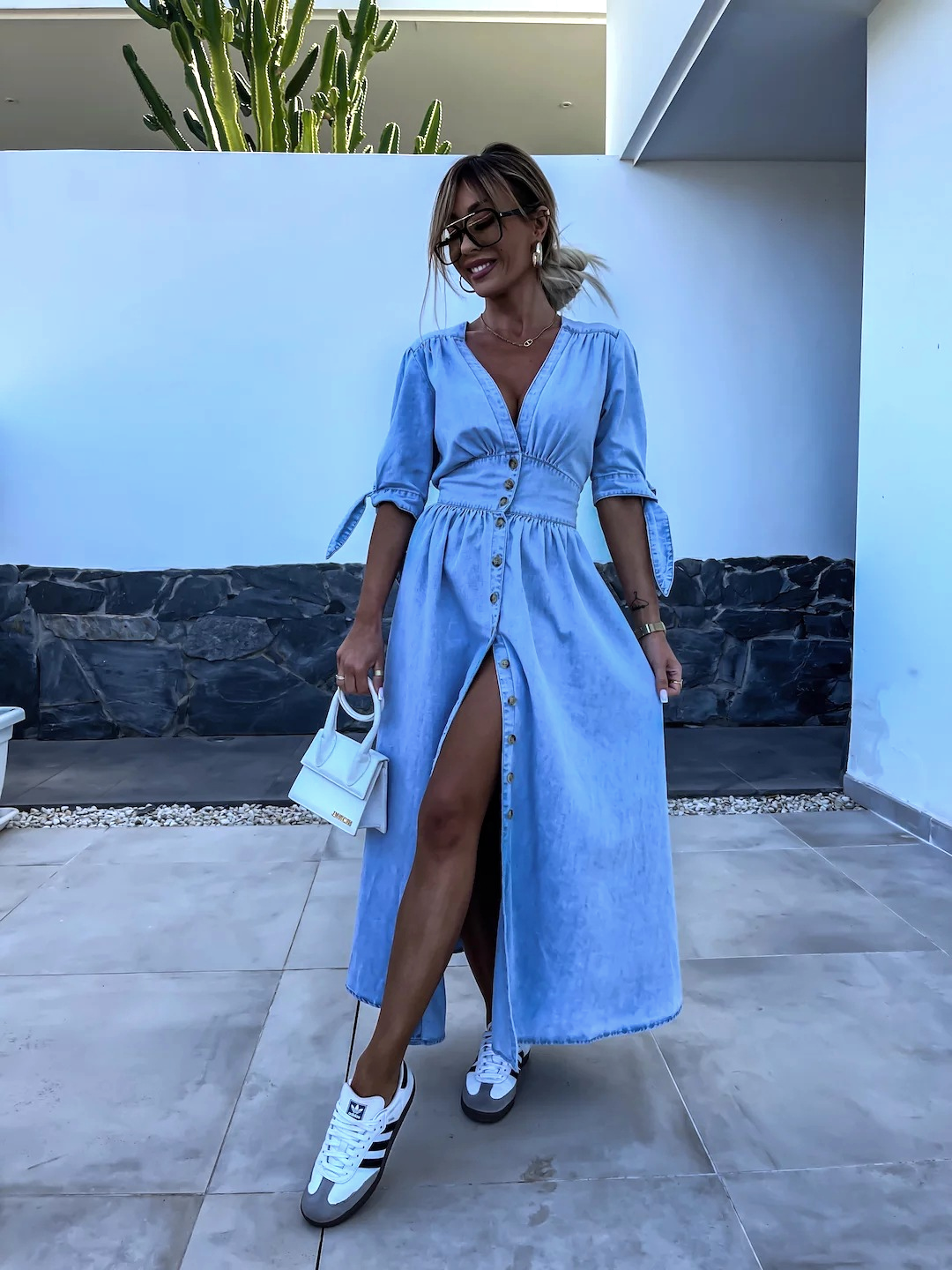 Denim V-Neck Short Sleeve Tie Cuff Button Front Slit Maxi Dress