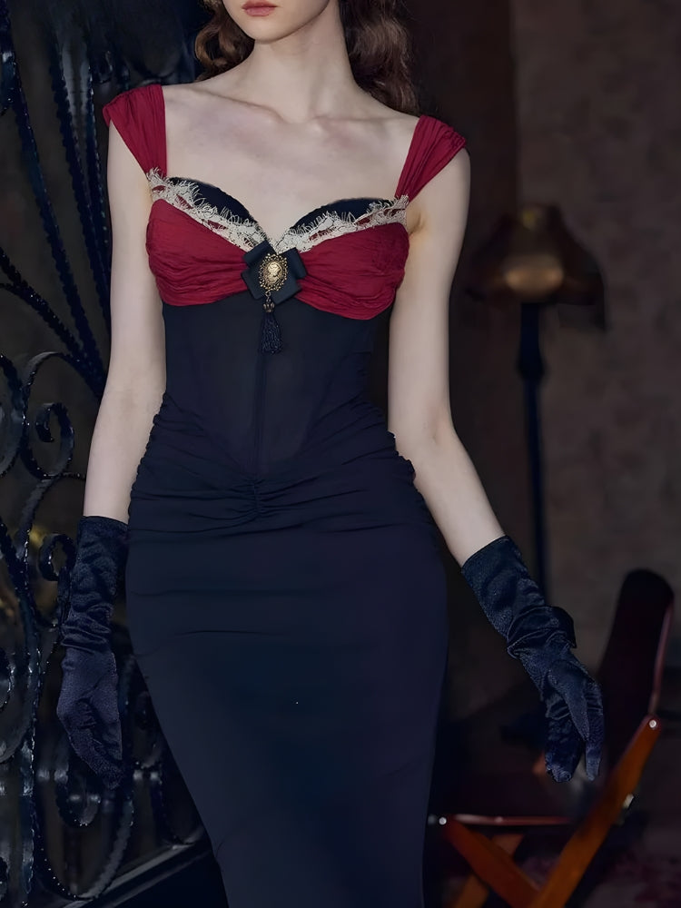 Cameo Bow Lace Trim Corset Bodice Ruched Bodycon Maxi Dress