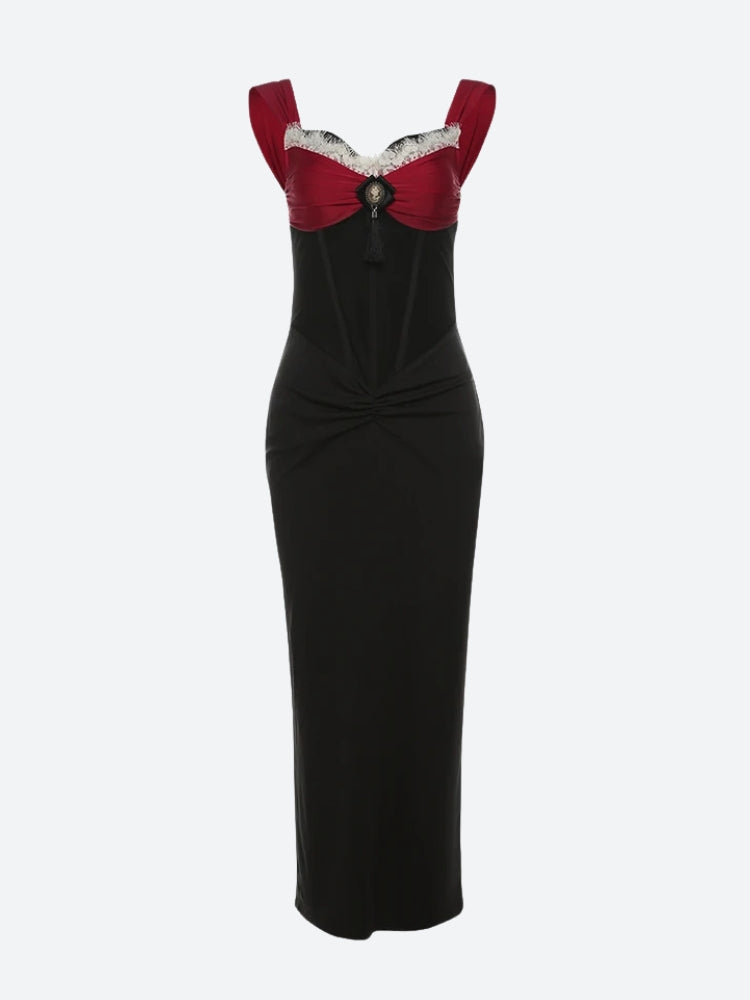 Cameo Bow Lace Trim Corset Bodice Ruched Bodycon Maxi Dress