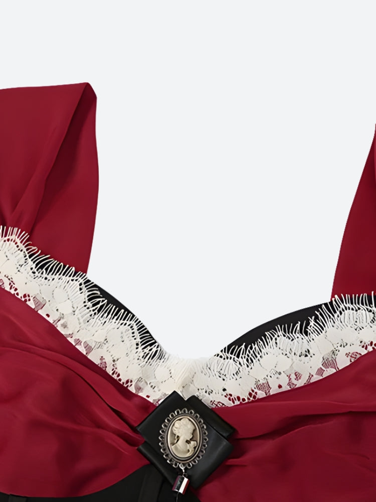 Cameo Bow Lace Trim Corset Bodice Ruched Bodycon Maxi Dress