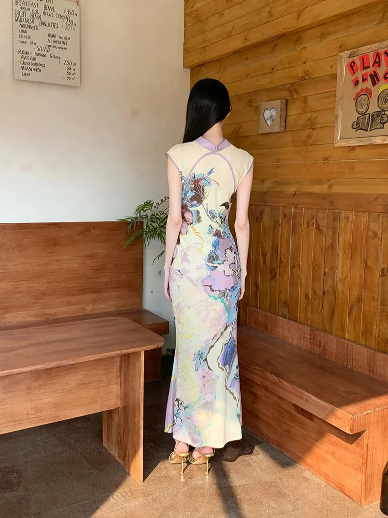 Watercolor Print Mandarin Collar Keyhole Sleeveless Cheongsam Maxi Dress