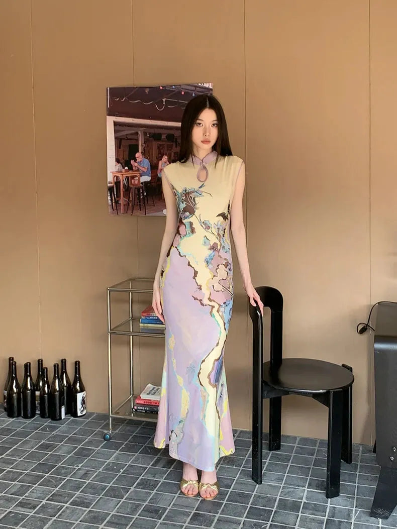 Watercolor Print Mandarin Collar Keyhole Sleeveless Cheongsam Maxi Dress