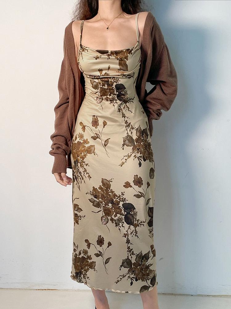Botanical Floral Print Cowl Neck Spaghetti Strap Satin Slip Midi Dress
