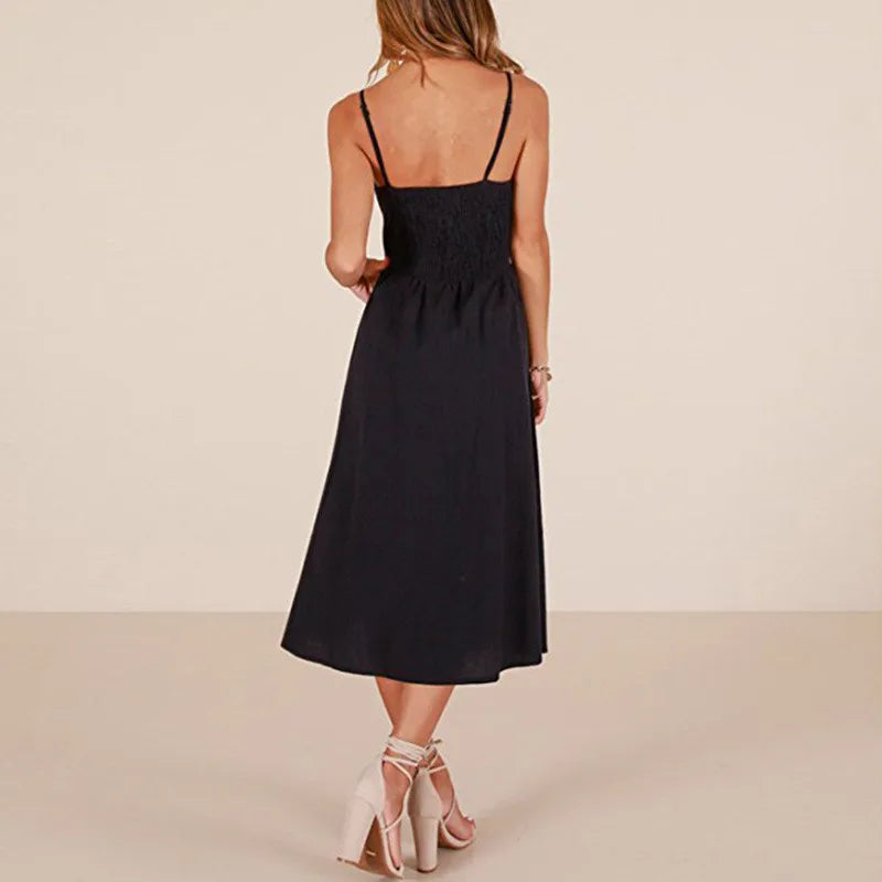 Spaghetti Strap V-Neck Button Front Fit and Flare Midi Dress