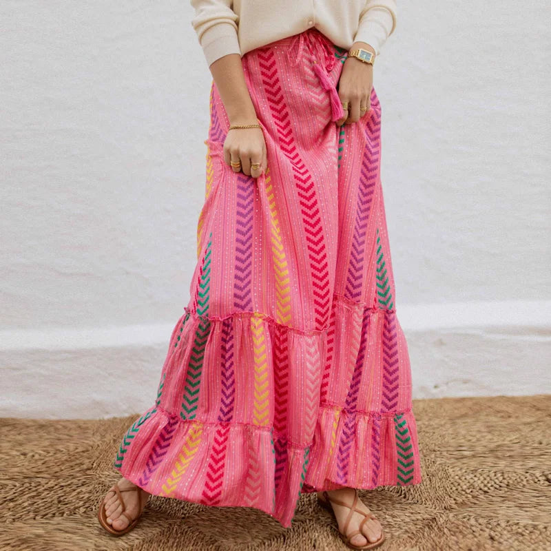 Tiered Chevron Stripe High Waist Boho Maxi Skirt