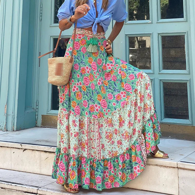 Tiered Chevron Stripe High Waist Boho Maxi Skirt