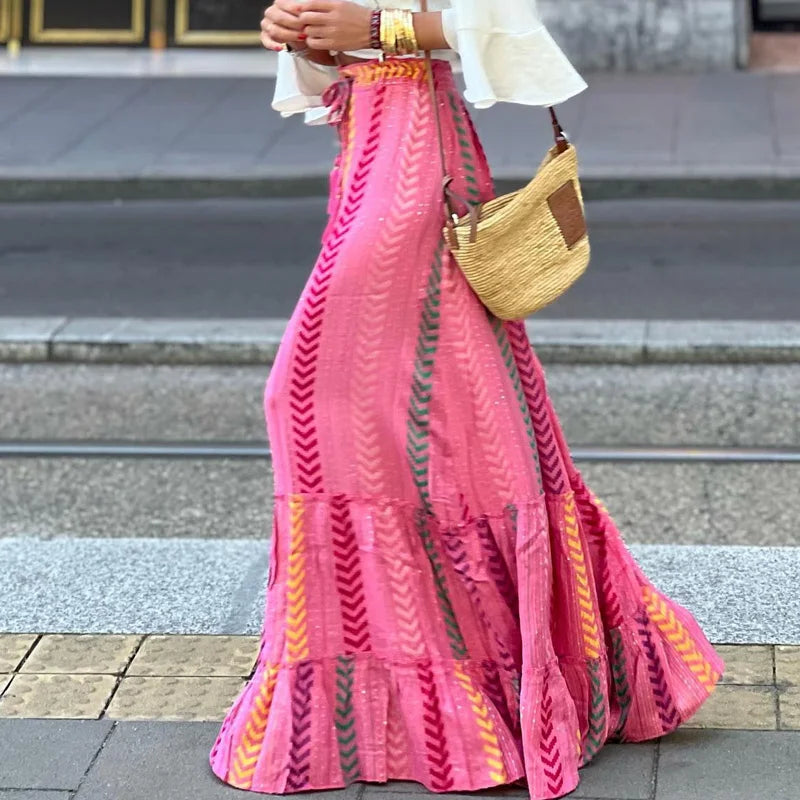 Tiered Chevron Stripe High Waist Boho Maxi Skirt