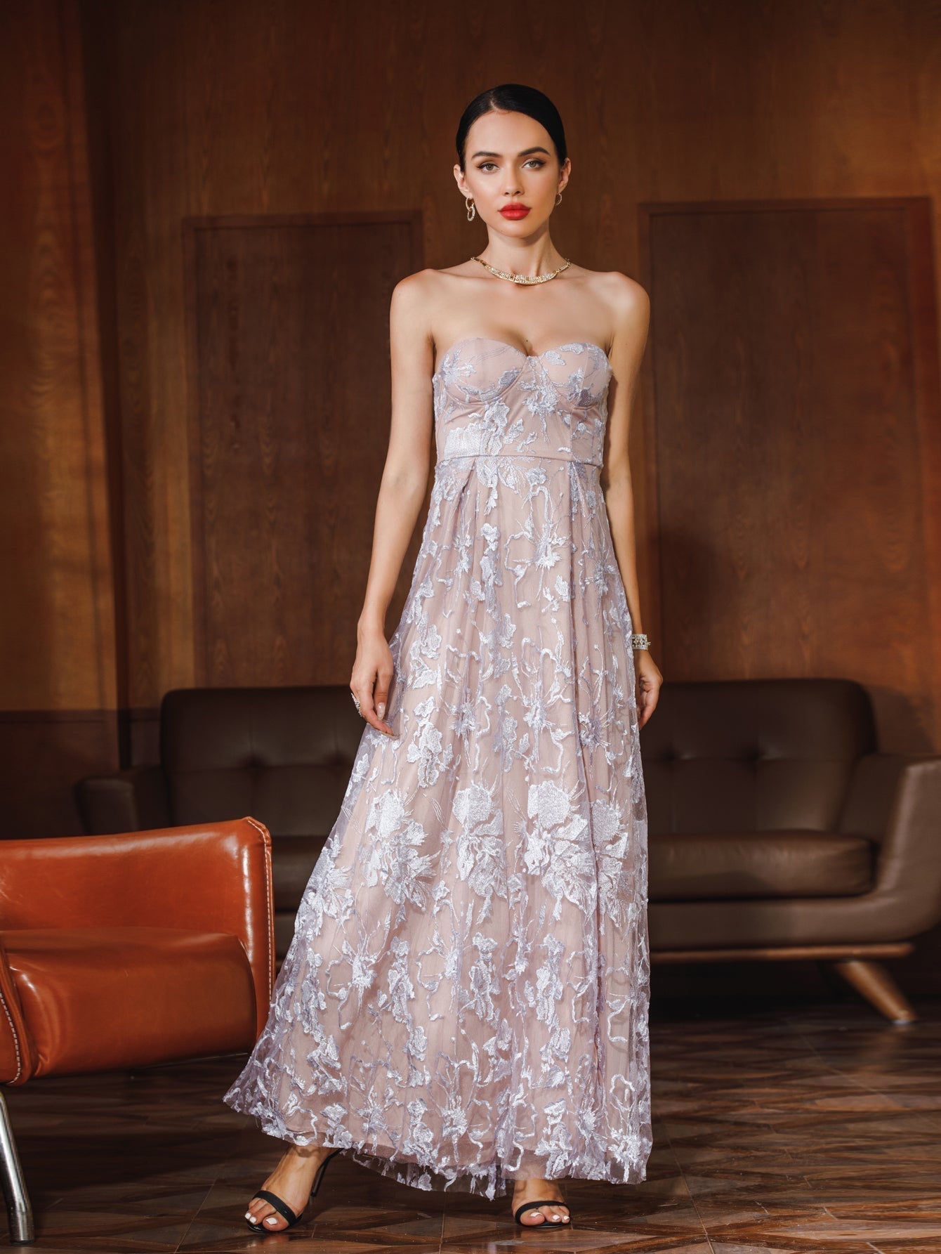 Floral Lace Overlay Strapless Sweetheart Slit Floor Length Gown