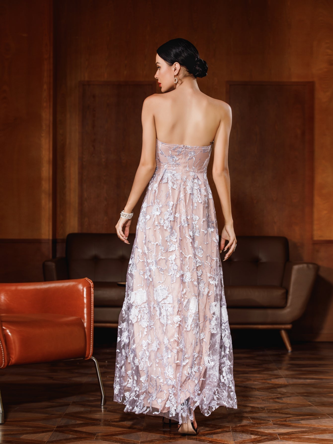 Floral Lace Overlay Strapless Sweetheart Slit Floor Length Gown