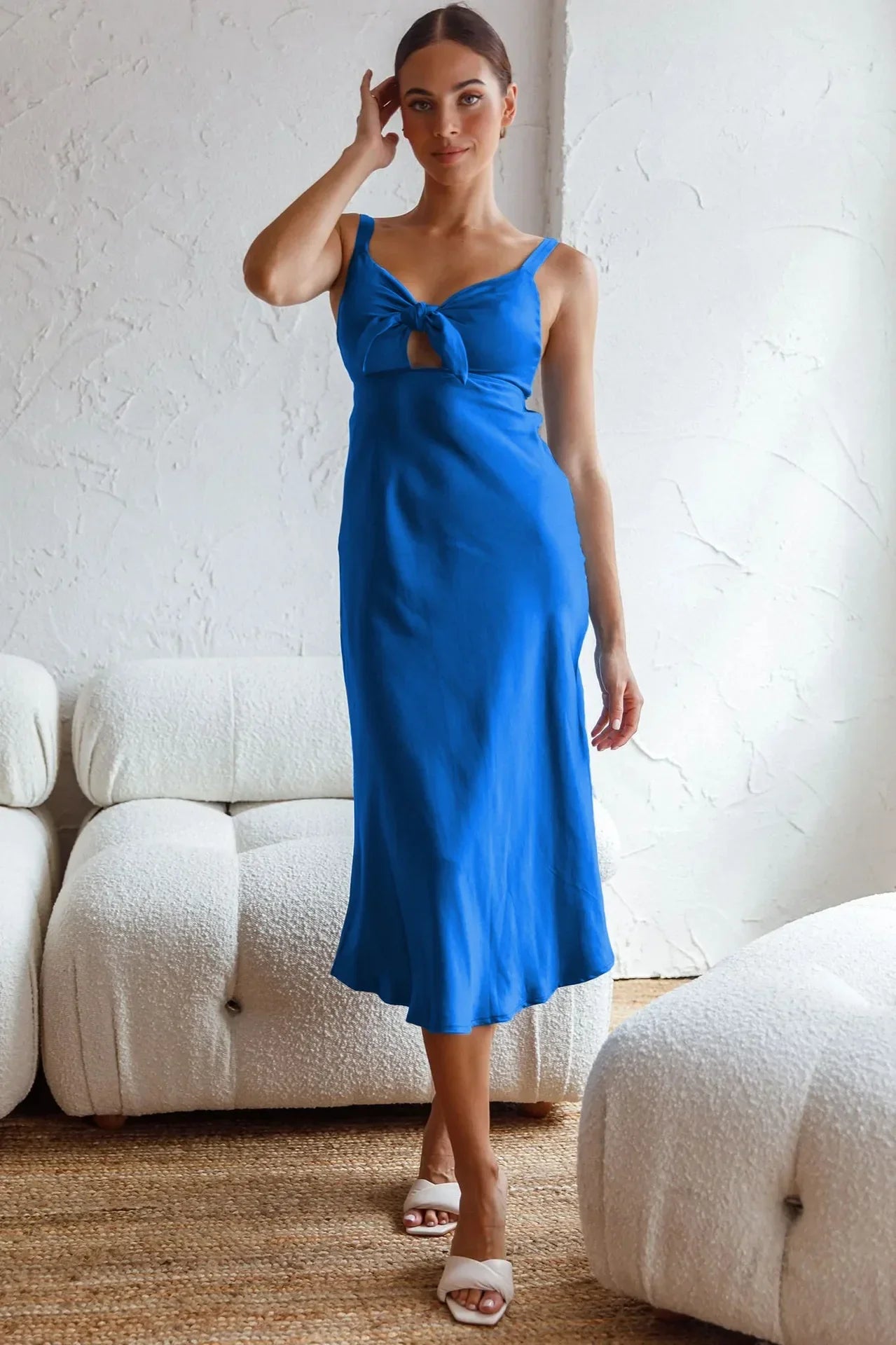 Satin Tie-Front Bow Cutout Spaghetti Strap Midi Slip Dress