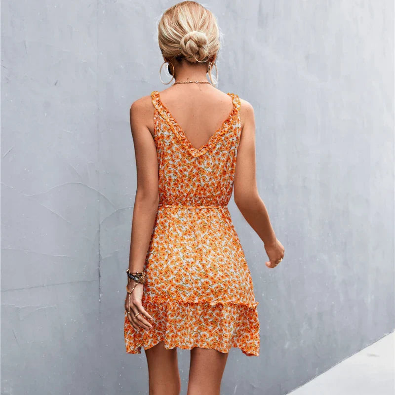 Ditsy Floral Print Ruffle Surplice V-Neck Tiered Sleeveless Midi Dress