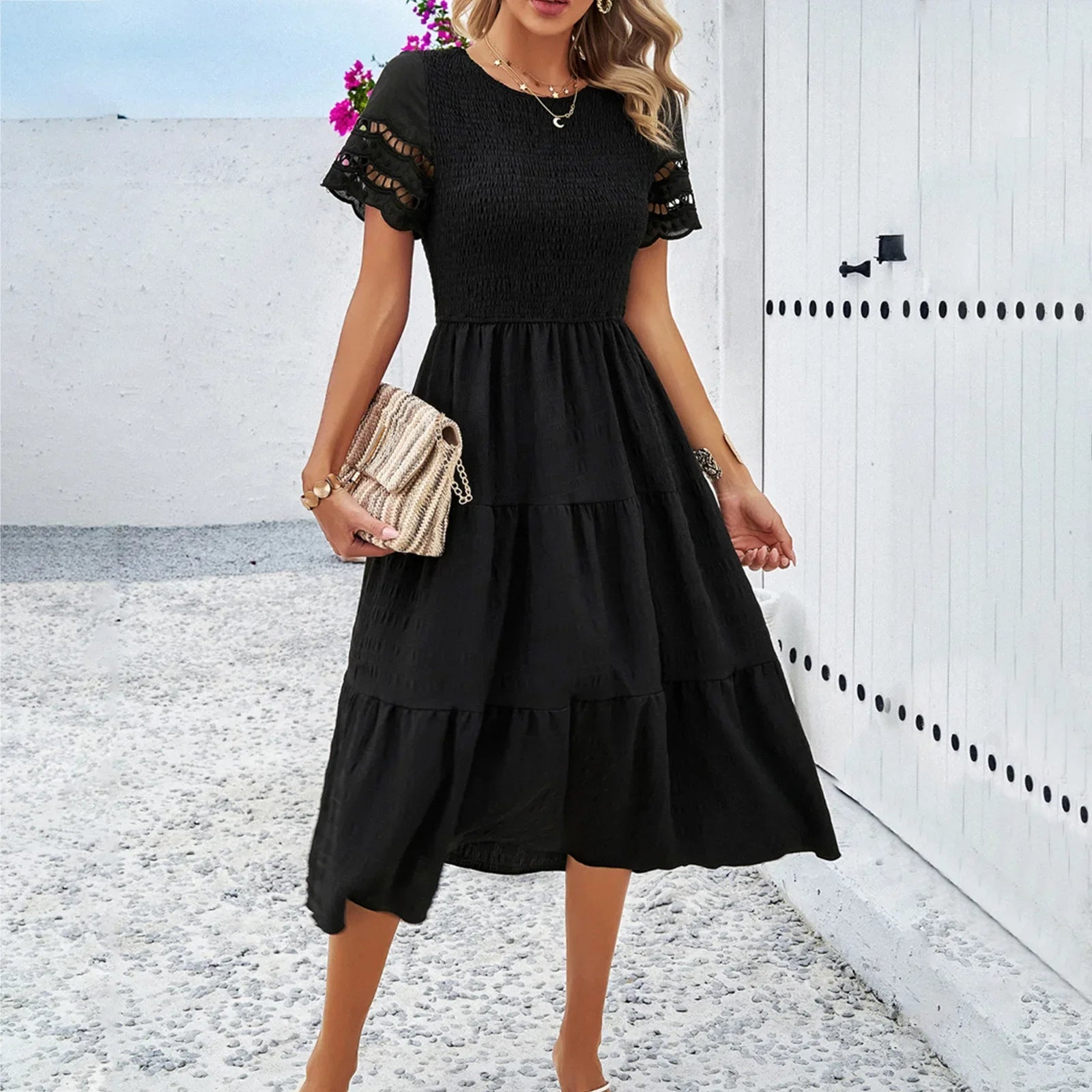 Smocked Crew Neck Eyelet Sleeve Tiered Midi Dress