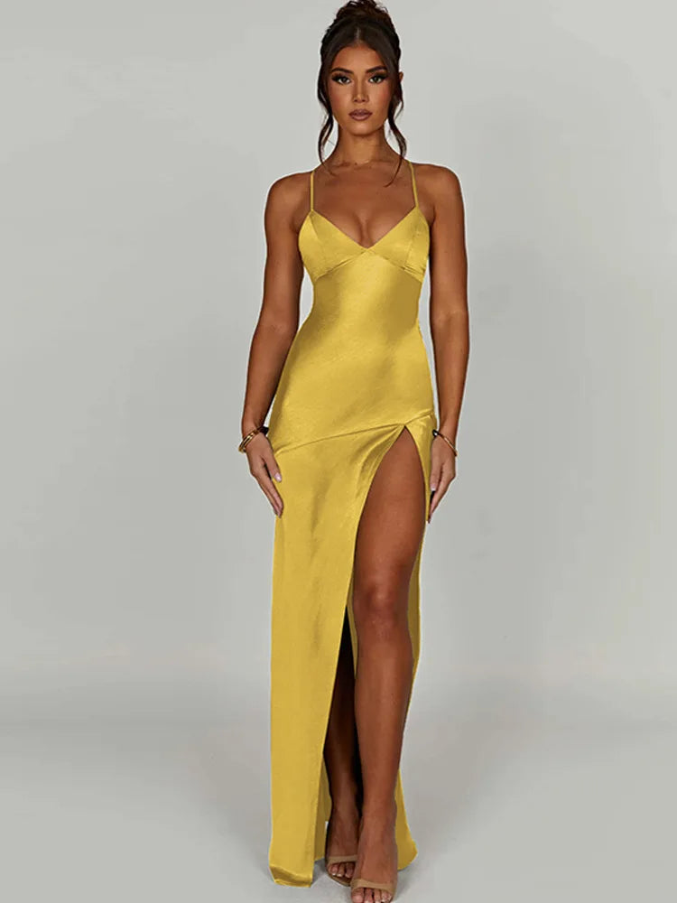 Spaghetti Strap Deep V-Neck Satin High Slit Bodycon Maxi Gown