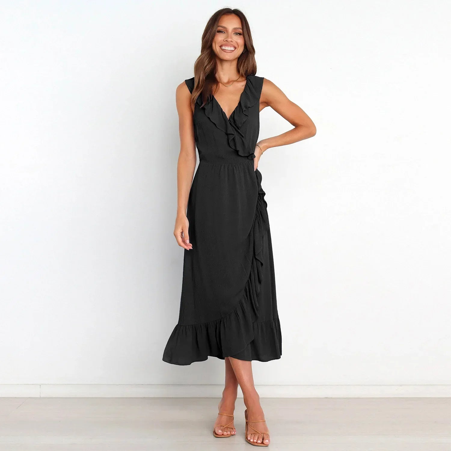 Ruffle Trim Wrap Front Sleeveless Ruffled Hem Midi Dress