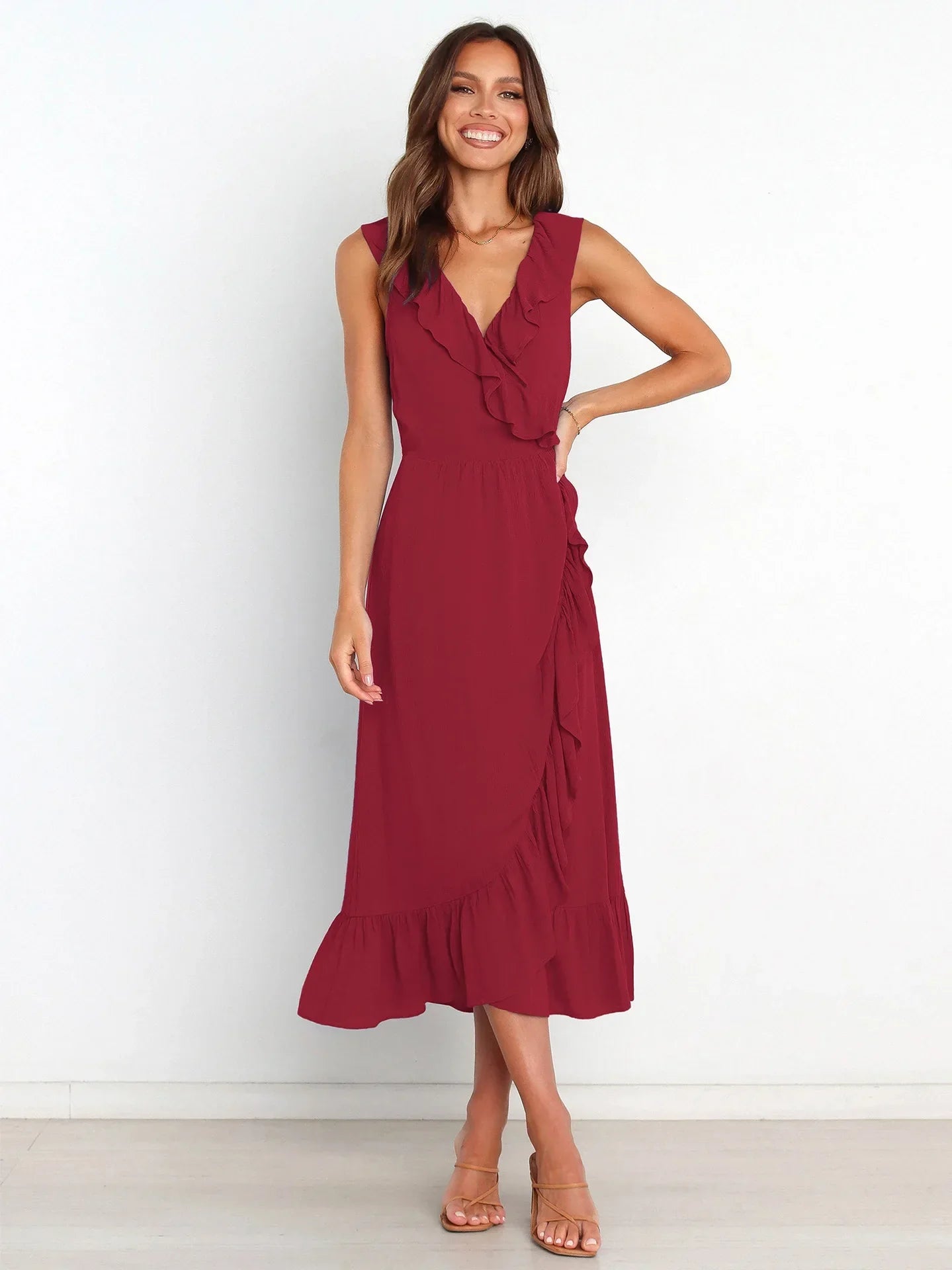 Ruffle Trim Wrap Front Sleeveless Ruffled Hem Midi Dress