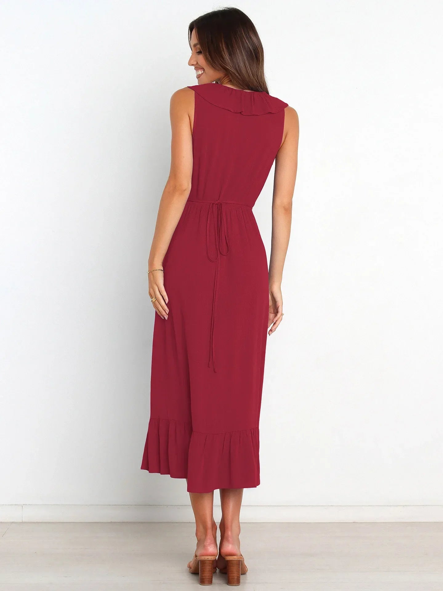 Ruffle Trim Wrap Front Sleeveless Ruffled Hem Midi Dress
