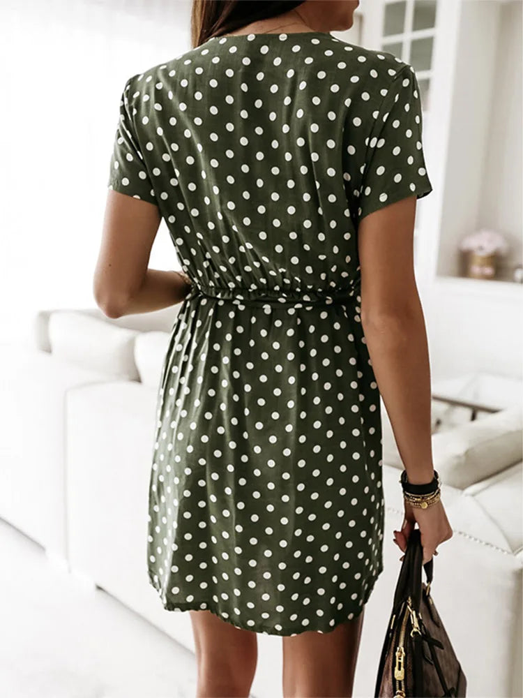 Polka Dot Wrap Front Tie Waist V-Neck Short Sleeve Mini Dress
