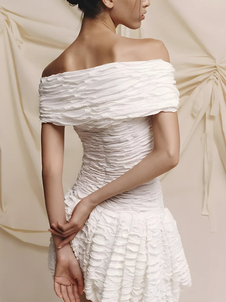 Off Shoulder Ruched Crinkled Bubble Ruffle Hem Mini Dress