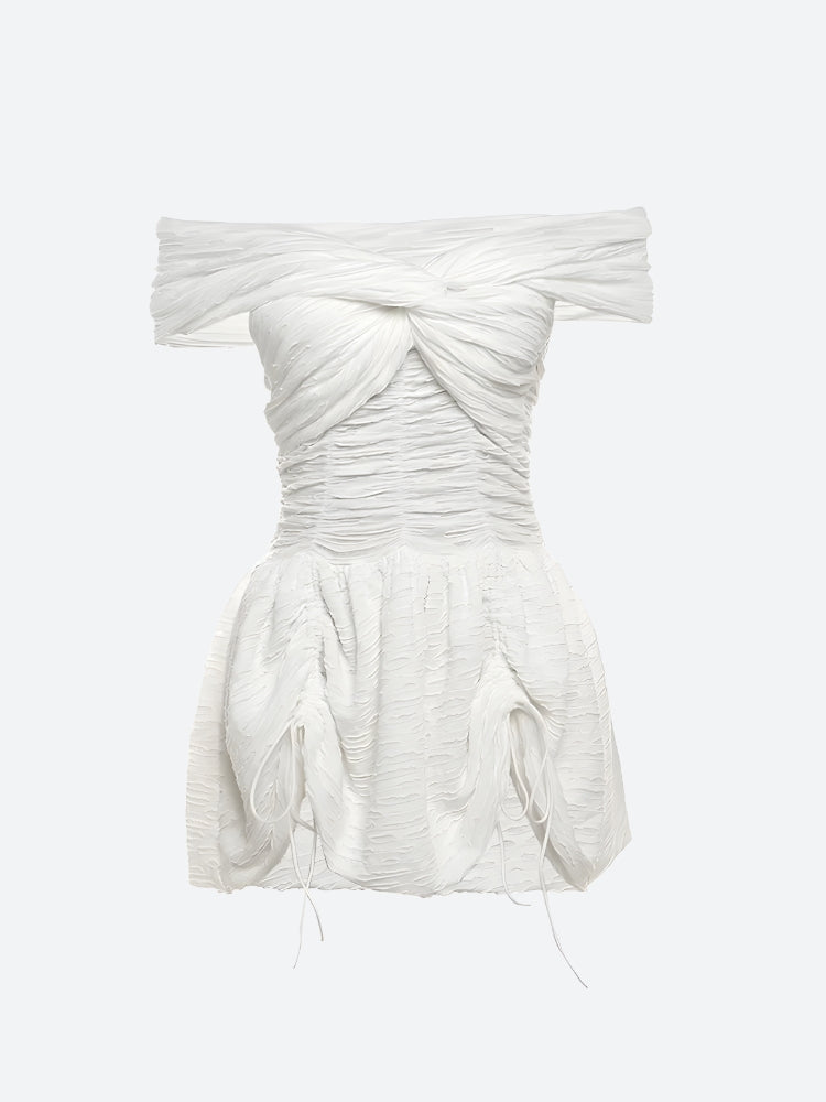 Off Shoulder Ruched Crinkled Bubble Ruffle Hem Mini Dress