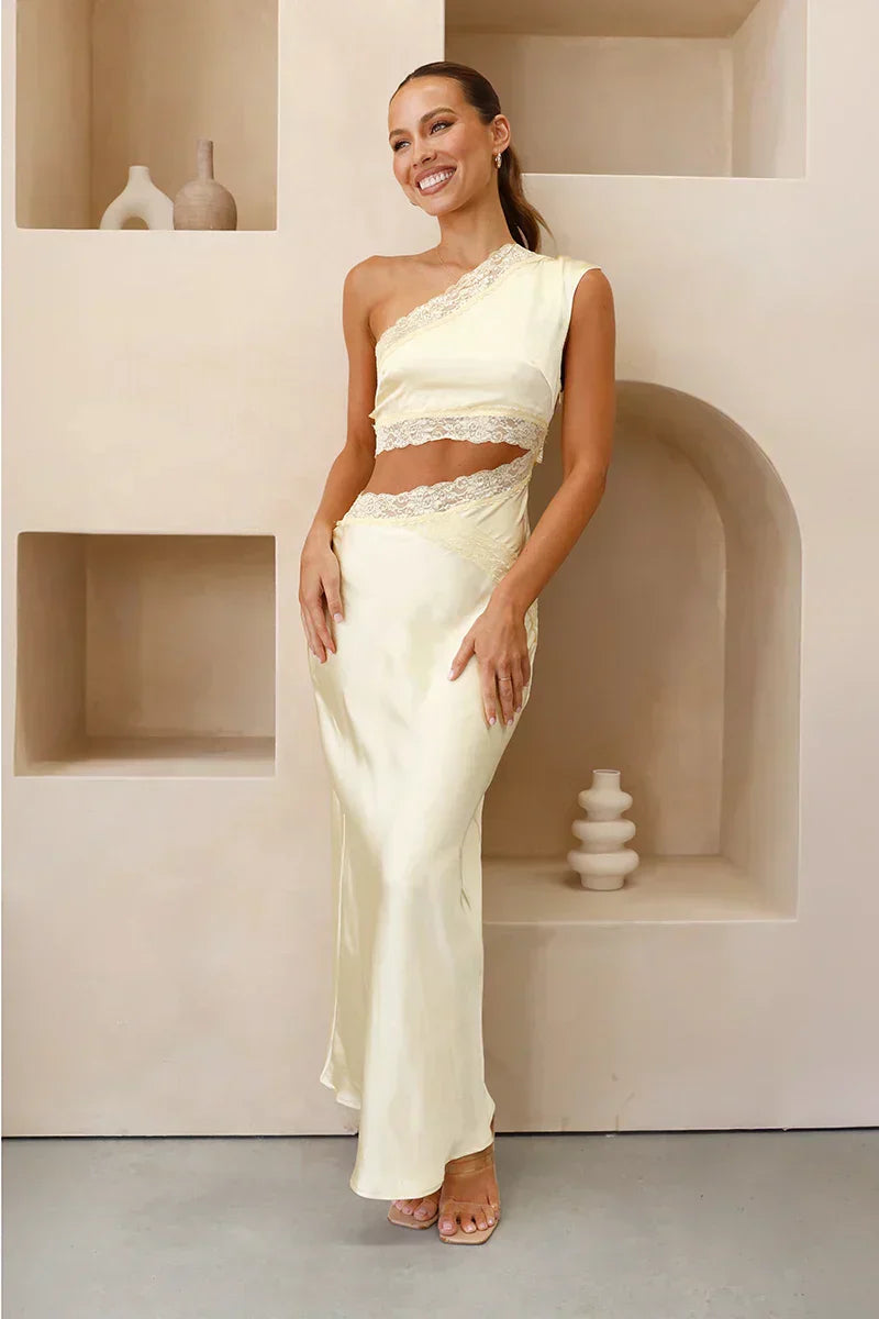Satin One Shoulder Lace Trim Side Cut Out Maxi Dress