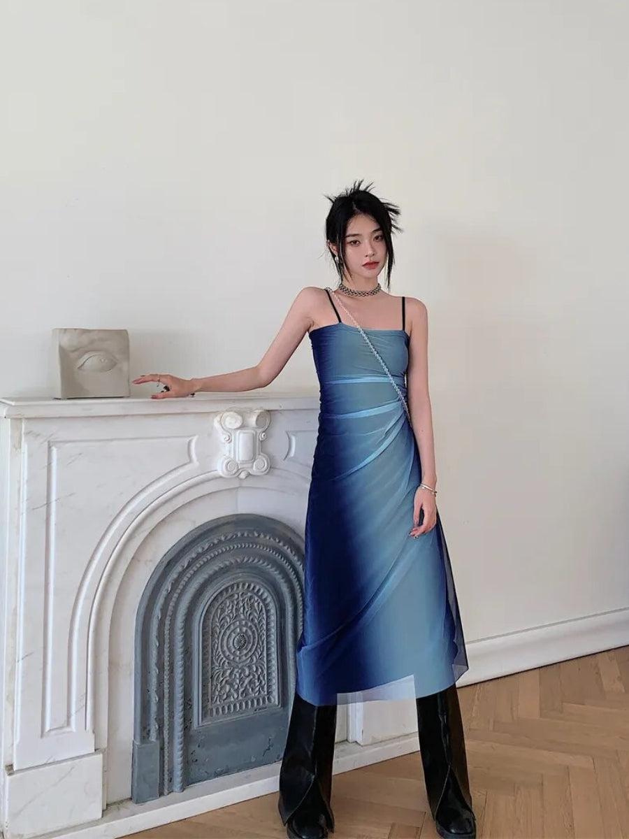 Ombre Mesh Overlay Spaghetti Strap Bodycon Midi Dress