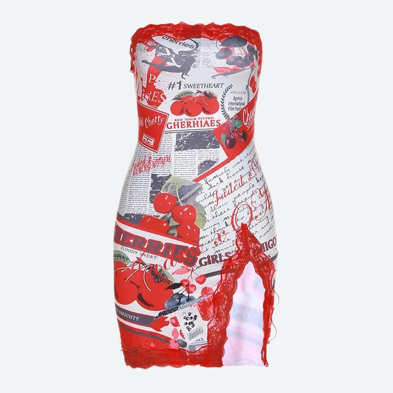 Graphic Print Lace Trim Side Slit Strapless Tube Mini Dress