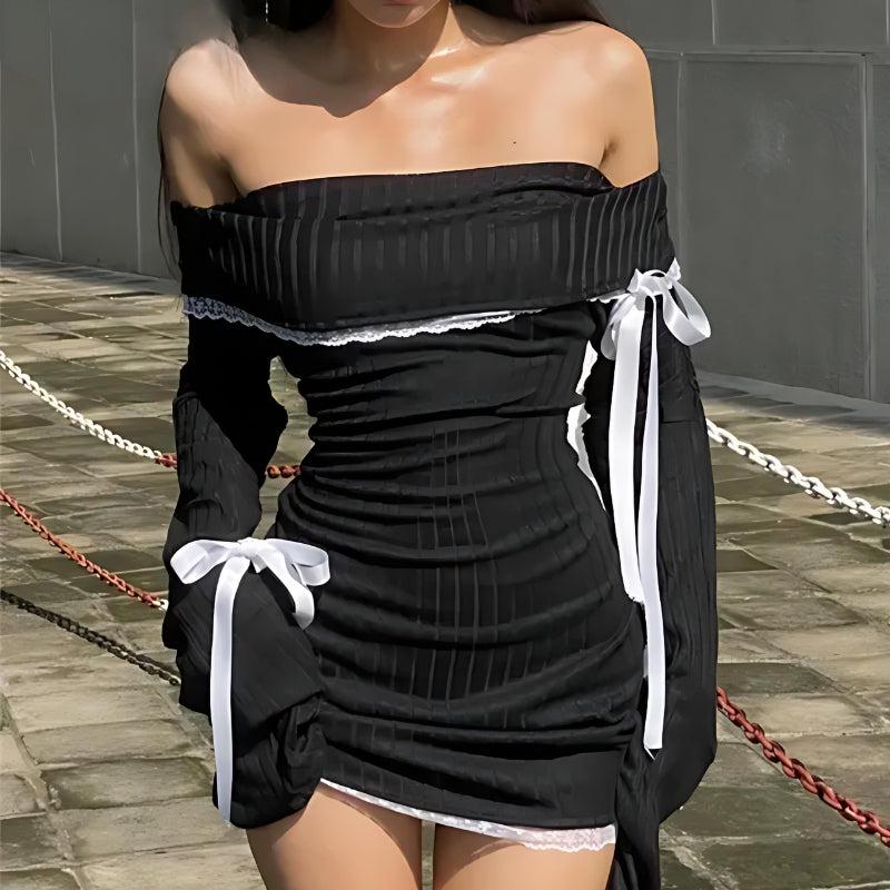 Corduroy Off-Shoulder Ribbon Tie Lace Trim Bell Sleeve Mini Dress
