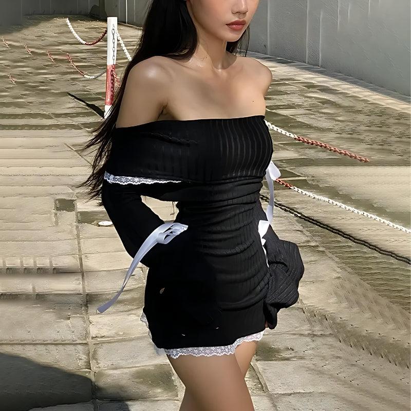 Corduroy Off-Shoulder Ribbon Tie Lace Trim Bell Sleeve Mini Dress