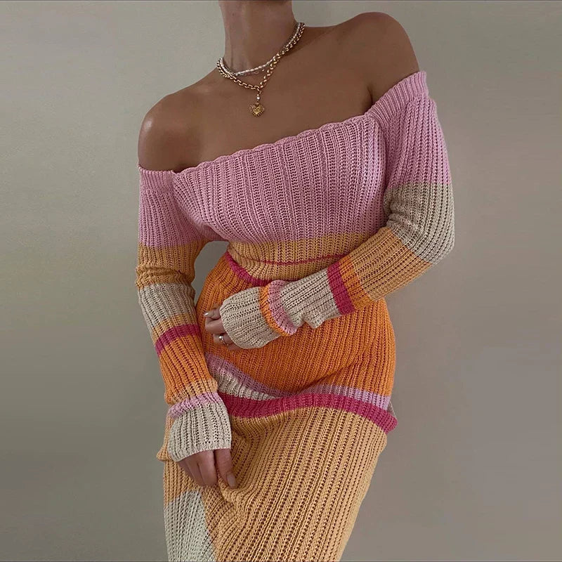 Square Neck Ribbed Knit Horizontal Stripe Long Sleeve Maxi Dress